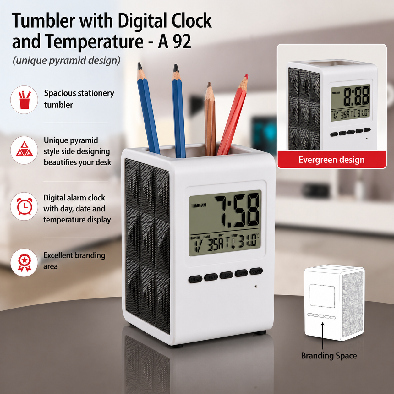 Pyramid Tumbler with Digital Clock & Temperature Display